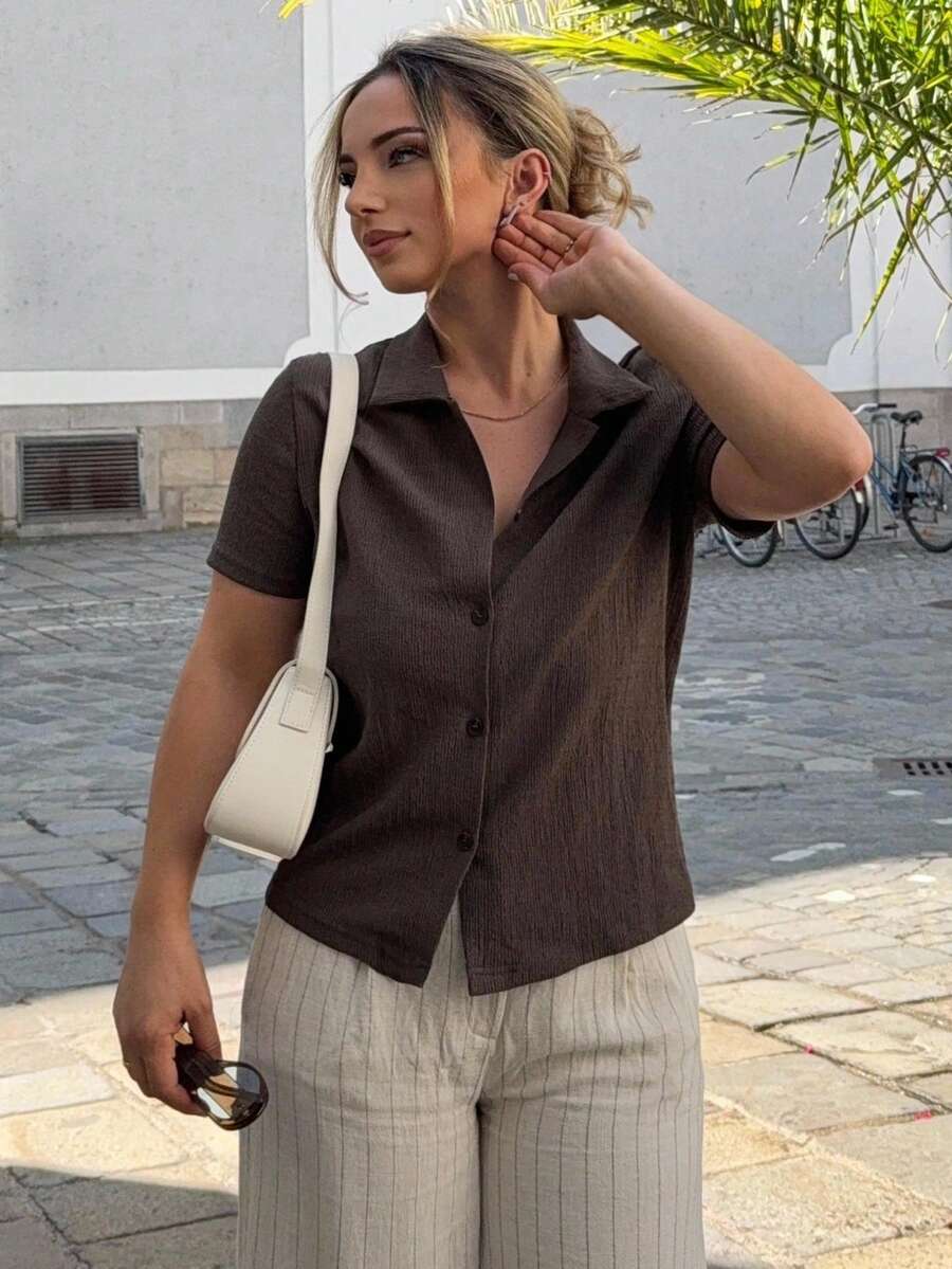 Jeta Ari Solid Color Textured Casual Short Sleeve T-Shirt Summer - Coffee Brown - View 1