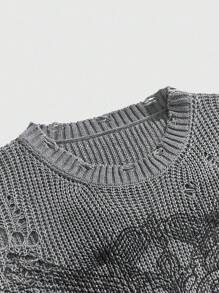 ROMWE MEN Street Life Men's Crew Neck Distressed Print Knitted Vest - Grey - View 4