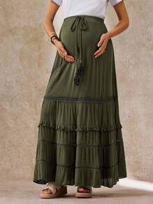 Boho Mama Maternity Solid Color Waist Tie Ruffle Hem Casual A-Line Skirt  Fall Clothes