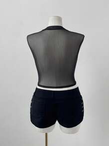 Sunspun 大码女式黑色蕾丝网眼无袖吊带背心 - 黑色 - 查看 7