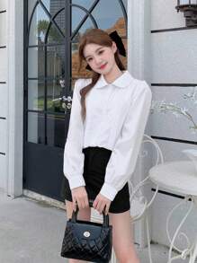 SHEIN 少女干净女孩 Y2K 风格长袖纯色荷叶边领甜美衬衫，适合春、夏、秋、冬、休闲、街头、通勤 - 白色 - 查看 7