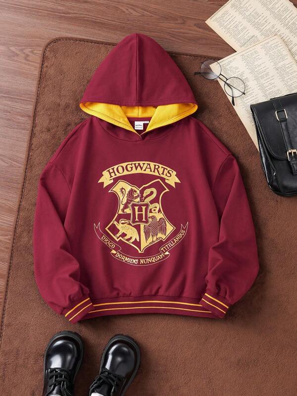 HARRY POTTER X SHEIN Sudadera con capucha de estilo escolar vintage para niña preadolescente, con estampado dorado de casa en burdeos, de corte holgado informal para otoño/invierno, escuela y deportes