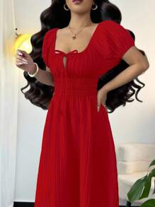 Rafferiza Đầm suông tay bồng màu trơn thanh lịch thắt eo tay ngắn cho nữ - Đỏ - Xem 6