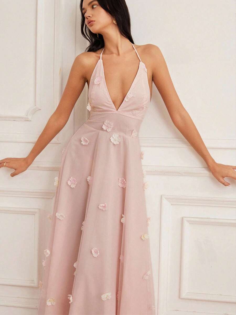 Aveloria Rosie Sweet Pink Mesh Halter Tie Long Dress With 3D Floral Beaded Embellishment, Backless Sexy Sleeveless Dress - Multicolor - View 1