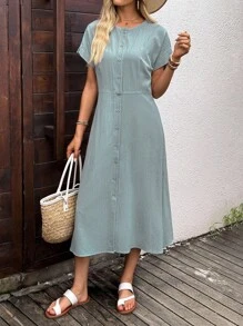 EMERY ROSE Vestido largo casual de mujer de un solo pecho de manga corta y cuello redondo de unicolor para otoño, ropa de mujer de otoño, vestidos de otoño para mujer, atuendos de otoño para mujer, ropa de otoño e invierno para mujer, atuendos de otoño para maestras, blusas para salir de mujer, ropa casual de negocios para mujer, atuendos casuales de negocios para mujer, atuendos casuales de negocios para mujer, atuendos de campo para mujer, ropa básica de dinero antiguo para maestras, blusas para salir de mujer, ropa de otoño para mujer de vuelta a la escuela - Verde Oscuro - Ver 5