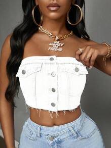 Slaydiva Women's Summer Casual Street Fashion Cutoff Raw Edge Fitted Cropped Denim Tank Top - White - View 1
