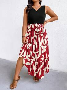 EMERY ROSE Plus Size Women's Spring/Summer Asymmetric Hem Leaf Print Knit Tank Dress (Mid-Length), Extra Long Beach Vacation Wear - Red - View 3