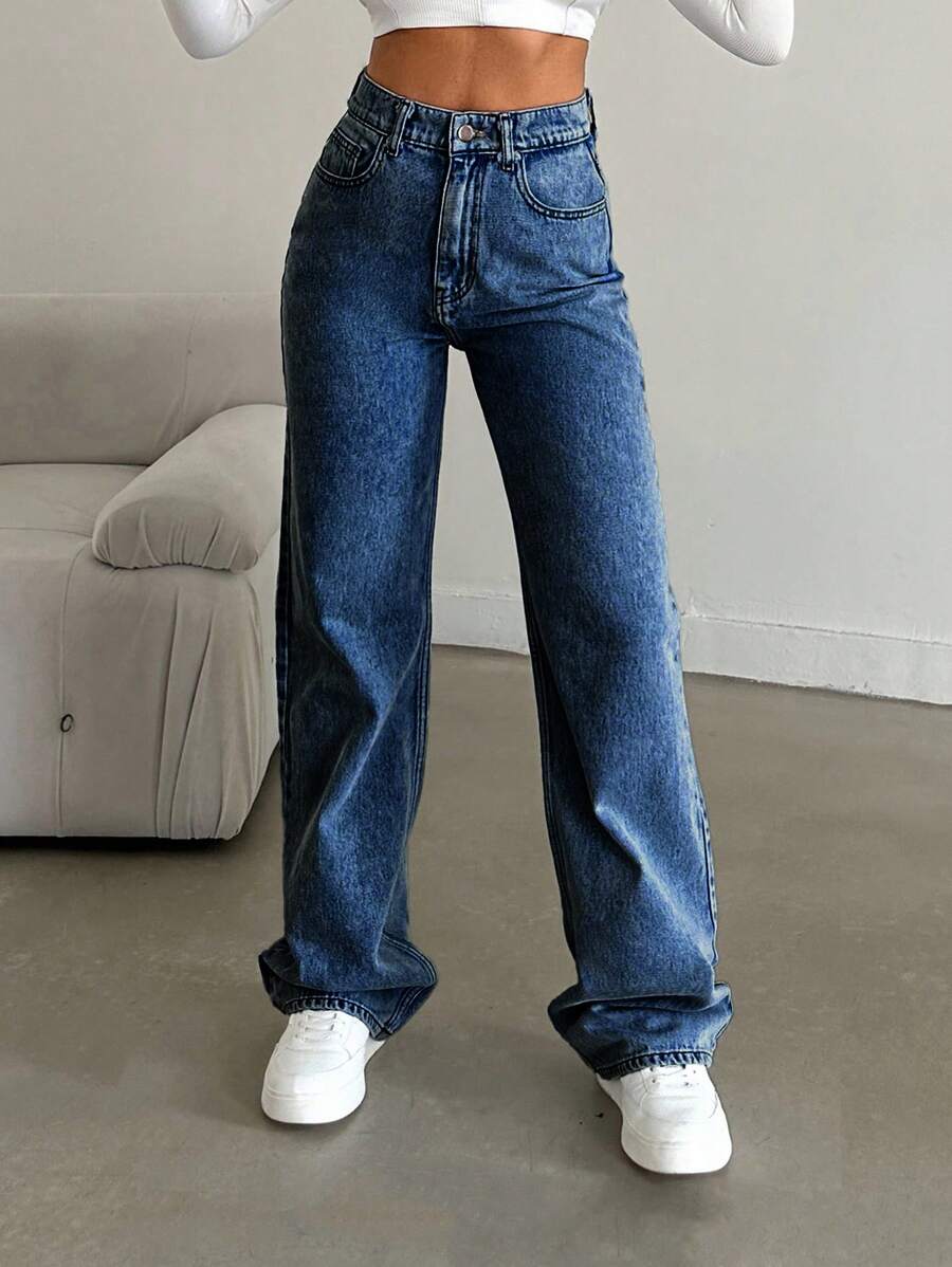EURMUSE Casual Washed Straight Leg High Waist Jeans - Medium Wash - View 1