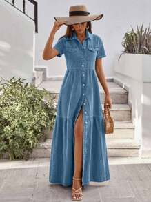 EURMUSE Women's Fashion Vacation Casual Button Front Short Sleeve Denim Dress - Light Wash - View 4