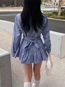 FRIFUL 女式格子衬衫，背部蝴蝶结，荷叶边下摆，刺绣蝴蝶结装饰，适合秋季格子上衣女式格子衬衫荷叶边上衣系带上衣格子衬衫长袖上衣 - 藍色 - 查看 3