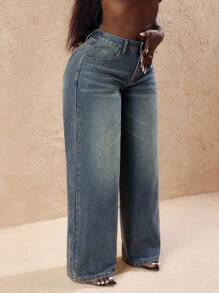 Slaydiva 大码复古褪色牛仔阔腿裤，带心形口袋，时尚百搭，适合夏季穿着 - 藍色 - 查看 6