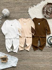 SHEIN Baby Girls Newborn-3 Years Outfit,Brown And White,Autumn,Modest,Family Matching Striped Knitted Heart-Shaped Embroidered Long Sleeve Top&Pants Set - Multicolor - View 1