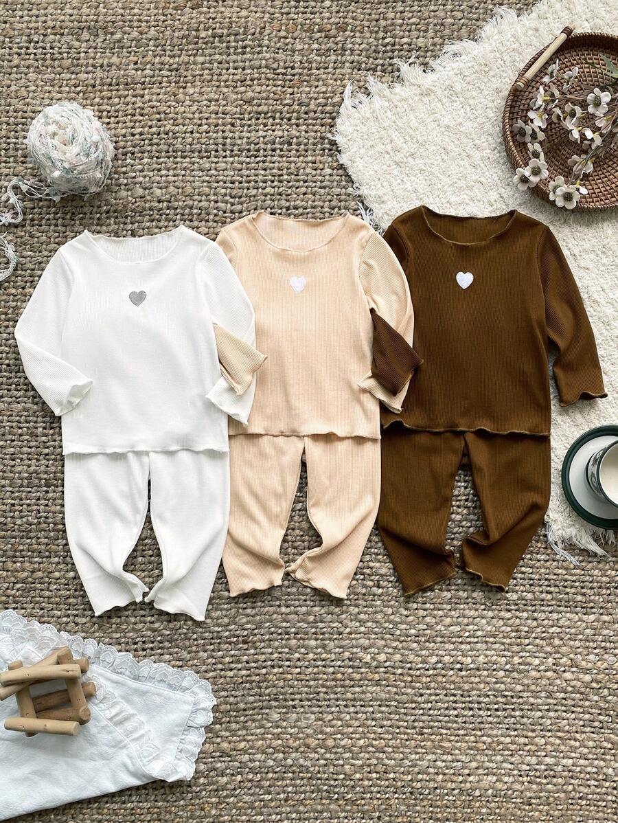SHEIN Baby Girls Newborn-3 Years Outfit,Brown And White,Autumn,Modest,Family Matching Striped Knitted Heart-Shaped Embroidered Long Sleeve Top&Pants Set - Multicolor - View 1