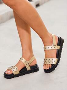 HighSole Plain Color Rivet Decor Versatile Summer Flat Sandals - Gold - View 4