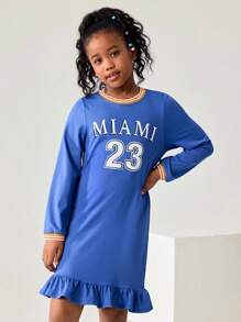 JNSQ Tween Girls Autumn Ribbed Collar Funny Number & Letter Print Loose Long Sleeve Dress, Suitable For Autumn/Winter Daily Wear, Outdoor Activities, Vacation, Streetwear, Party And Casual - Blue - View 4