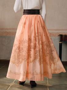 Anewsta Floral Print A-Line Pleated Orange Skirt For Women - Dusty Pink - View 2