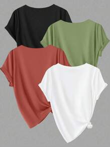 Calvaya Plus Size Solid Color Round Neck Short Sleeve Simple Casual Top - Multicolor - View 2
