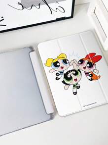 THE POWERPUFF GIRLS X SHEIN 花朵、泡泡、毛茛图案白色可爱折叠平板电脑保护套 - 彩色 - 查看 1