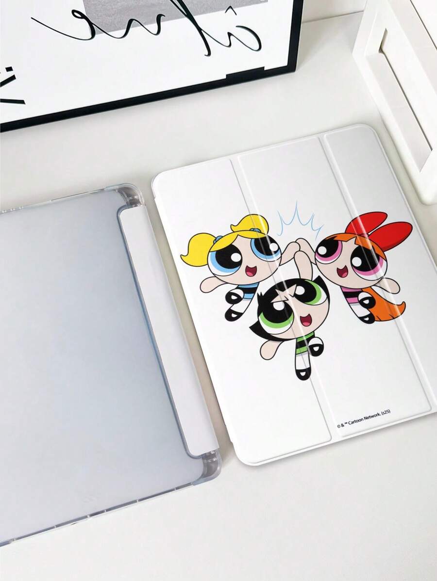 THE POWERPUFF GIRLS X SHEIN 花朵、泡泡、毛茛图案白色可爱折叠平板电脑保护套 - 彩色 - 查看 1