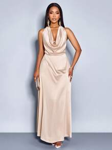 SOLERSUN Women's Spring Summer Vacation Casual Solid Color Draped Neck Halter Mermaid Hem Satin Maxi Dress