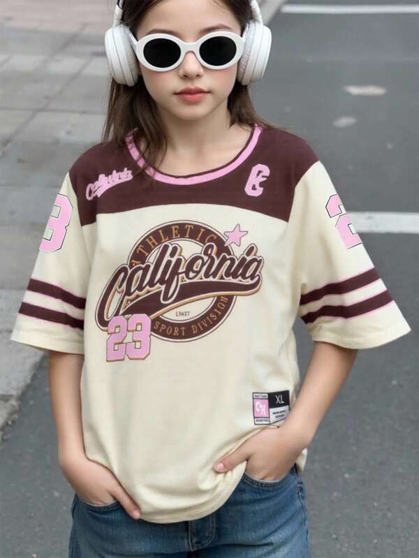 GraphicGems Tween Girl Casual Sports Style Fashion "California" & "23" Striped Colorblock Print Short Sleeve Crew Neck T-Shirt Summer Top