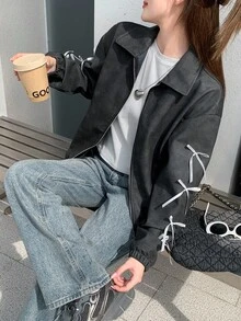 SHEIN 青少年女孩外套夹克秋冬/黑色/口袋/蝴蝶结/开襟夹克/运动夹克/街头/时尚/棒球夹克/ - 黑色 - 查看 4