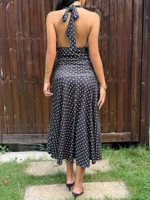 SHEIN EZwear Stilvolles, französisch-romantisches Kleid für Frauen mit schwarz-weißem Punktemuster, Trägerkonstruktion und rückenfreiem Design - Schwarz und Weiss - Übersicht 2