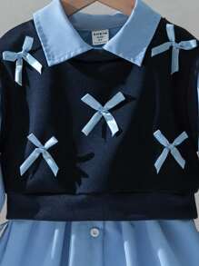 2 Piece Set Young Girls Fashion Stand Collar Blouse With Tie Bow Vest, Casual School Style Outfit, Suitable For Spring & Autumn Fall Winter - Royal Blue - View 8
