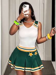 BamGleam Women's Sleeveless V-Neck Striped Star Print Pleated Hem Dress