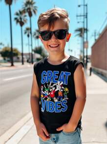 小男孩休闲简约字母印花无袖背心，适合夏季