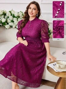 Modelyn Fashionable V-Neck Puff Sleeve Cinched Waist Flared Hem Dress, Slimming Fit, Spring/Summer - Red Violet - View 3