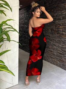 SHEIN SXY Casual Minimalist Vacation Style Sexy Red & Black Clash Color Tropical Floral Print Maxi Dress For Women, Suitable For Summer Vacation Suitable For Going Out Chic Dress - Multicolor - View 4