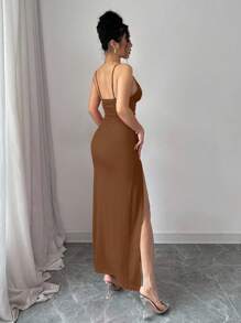 INAWLY 女士优雅性感褶皱高开衩无袖连衣裙，红色，夏季 - 咖啡棕 - 查看 2