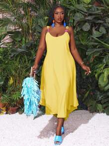 Slaydiva Plus Size Summer Solid Color Big Swing Cami Chain Dress - Yellow - View 3