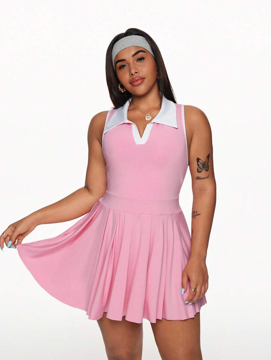 SHEIN Sports 大码女式拼色领口无袖褶皱运动连衣裙