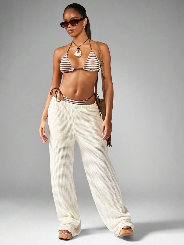 MISSGUIDED Crochet Knit Wide Leg Beach Palazzo Pants Summer Resort Wear High Waisted Trouser Pool Party Vacation Loungewear Sand Color