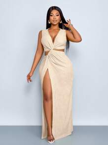 SOLERSUN 大码女装春夏纯色纹理面料腰部镂空扭纹高开衩性感长裙，海滩度假 - 杏色 - 查看 6