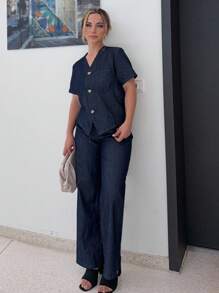 Jeta Ari Ensemble 2 pièces en jean col V pour femmes, printemps/été