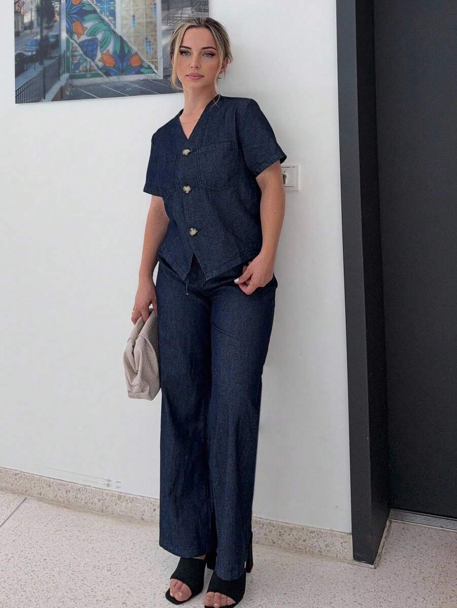 Jeta Ari Ensemble 2 pièces en jean col V pour femmes, printemps/été