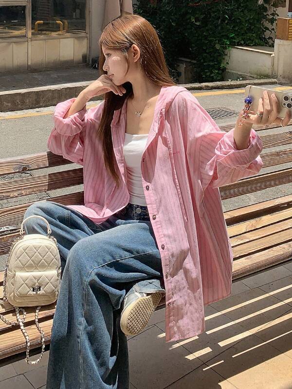 DAZY Women's Sweet & Casual Korean Style Striped Long Sleeve Blouse