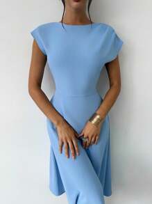 Firerie 女式蓝色 V 领荷叶边腰 A 字中长连衣裙，优雅复古连衣裙，春夏服装，通勤，优雅，工作装，母亲节 - 藍色 - 查看 9