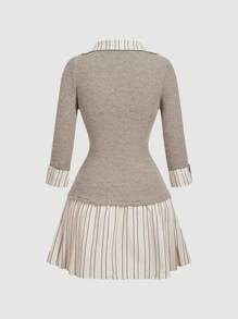 SHEIN MOD Sukienka koszulowa damska w paski w kolorze szarym i beżowym z krótkim rękawem (2 w 1) - Jasnoszary - Zobacz 2