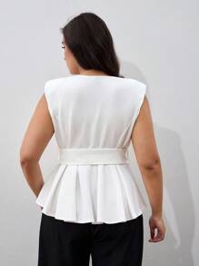 Chikora Veste élégante pour femme grande taille, col V sans manches, couleur unie, ceinture à la taille. Tout blanc. Convient pour les enseignantes, les femmes d'affaires décontractées, le bureau, le travail, les voyages, l'aéroport.