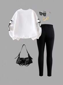 SHEIN 2 件套年轻女孩针织简约 3D 蝴蝶结圆领长袖运动衫和黑色裤子套装，时尚秋季服装 - 白色 - 查看 2