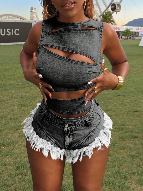 Slaydiva Women's Solid Color Skin-Tight Hollow Out Sleeveless Denim Top