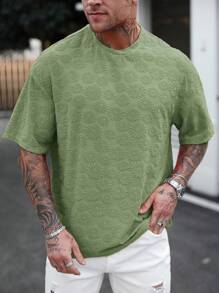 Manfinity Homme Men's Textured Fabric Round Neck Drop Shoulder Loose Casual T-Shirt For Summer - Green - View 3