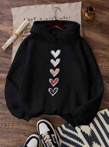 SHEIN Áo nỉ trùm đầu in hình trái tim lót nhiệt cho bé gái tuổi mới lớn, mặc thường ngày - màu đen - Xem 1