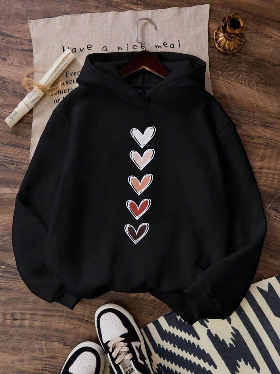 SHEIN Áo nỉ trùm đầu in hình trái tim lót nhiệt cho bé gái tuổi mới lớn, mặc thường ngày - màu đen - Xem 1
