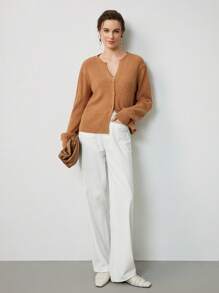 Uhlyne Women Casual Viscose Knit Solid Round Neck Commuter Elegant Cardigan For Summer & Autumn,Minimalist,Business Casual,Holiday Outfits,Work Wear,Teacher Outfits,Back To School,Fall,Old Money Style - Khaki - View 6