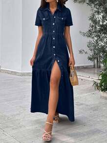 EURMUSE Women's Casual Street Style Vacation Ruffled Hem Button Down Denim Dress With Pockets - Dark Wash - View 6
